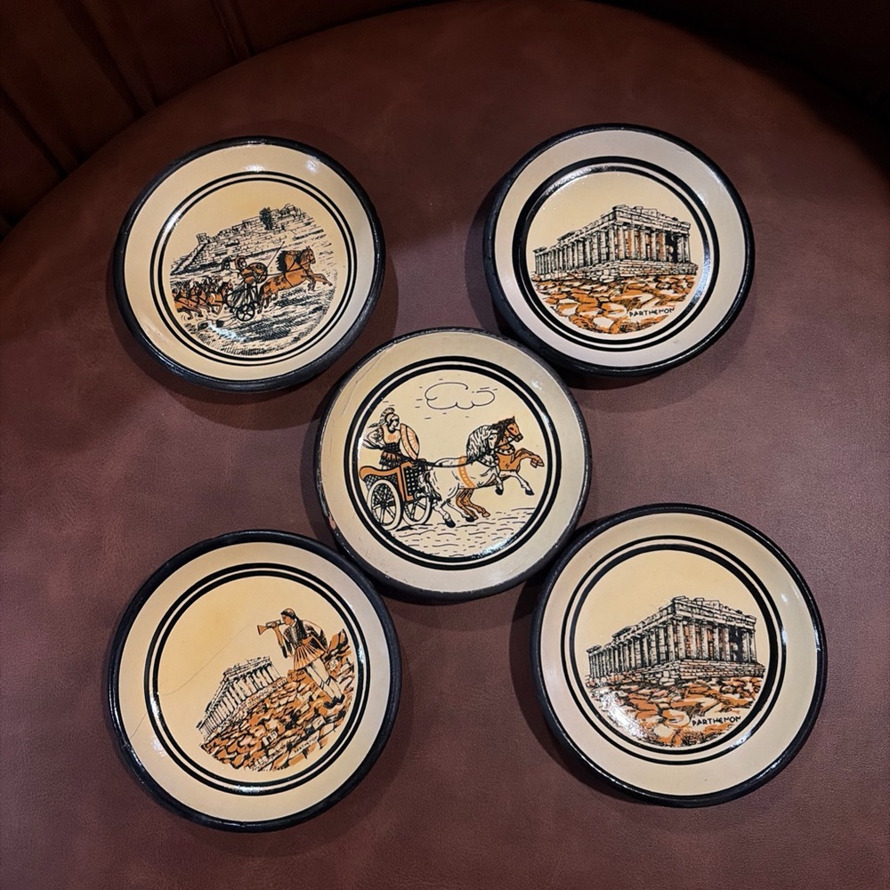 Lot of 5 hand made in Greece Plates - painted decor memorabilia
